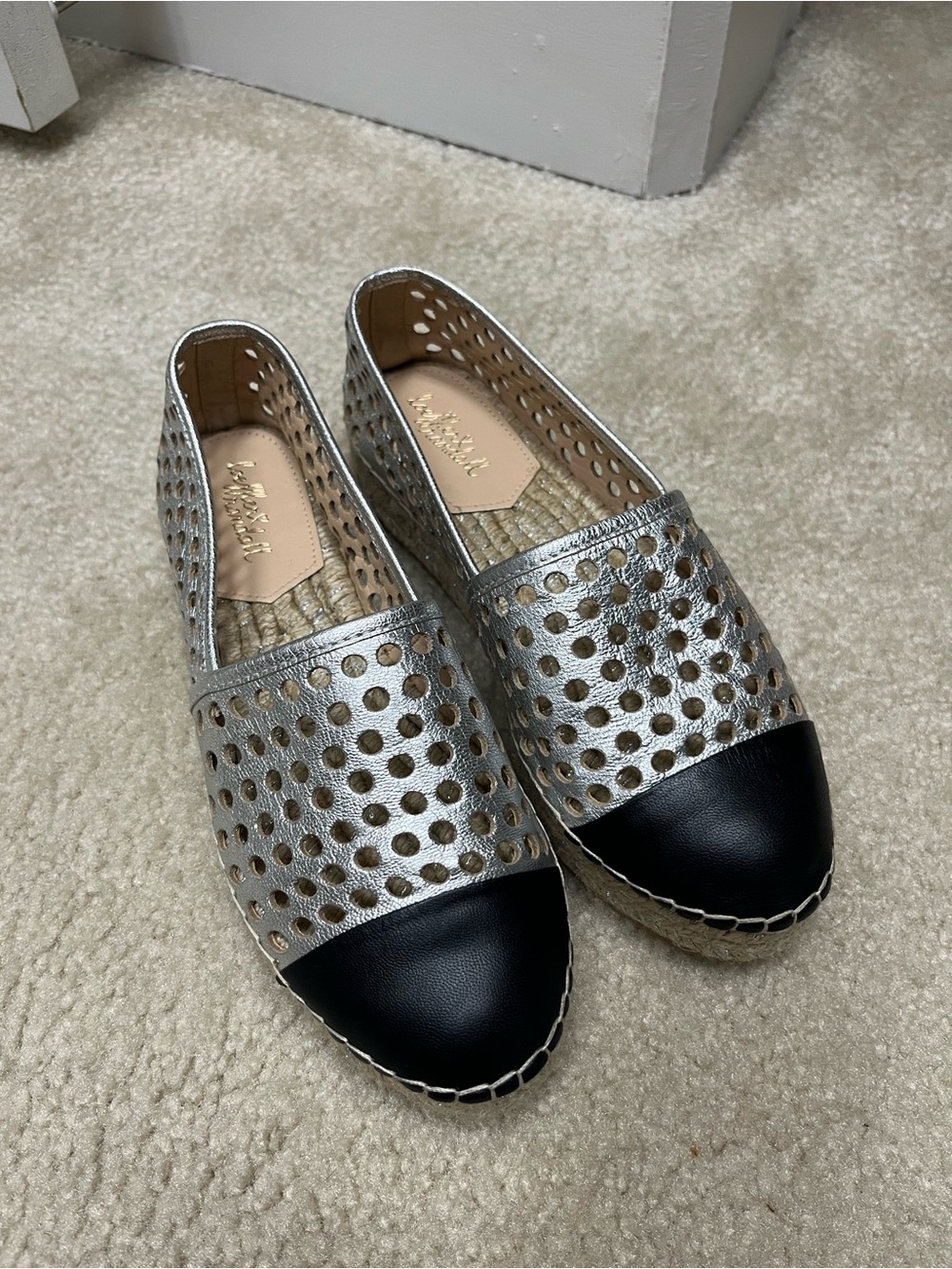 Loeffler Randall Silver Perforated Espadrilles with Black Cap Toe